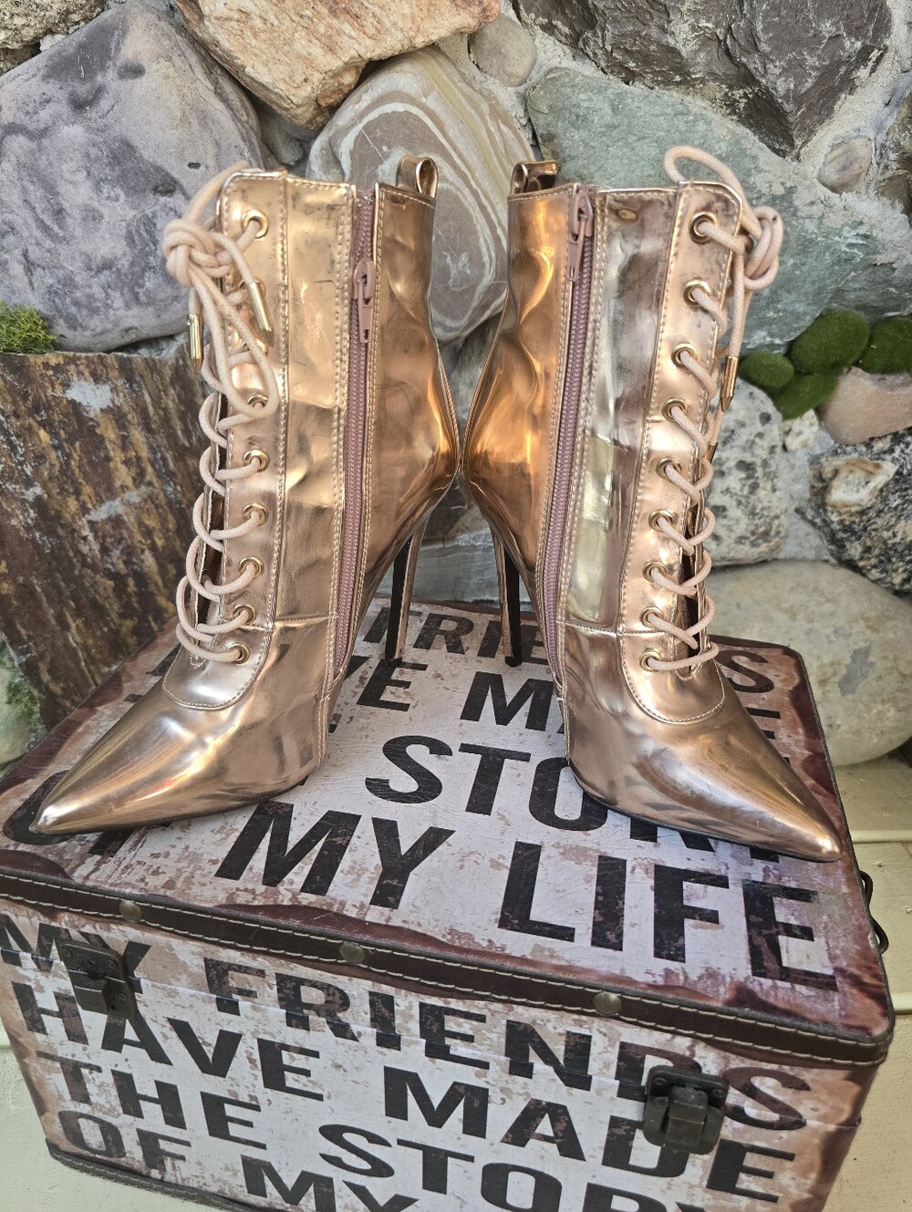 Banco Metallic Rose Gold Lace-Up Stiletto Booties – Pointed Toe Ankle Boots - Picture 3 of 3